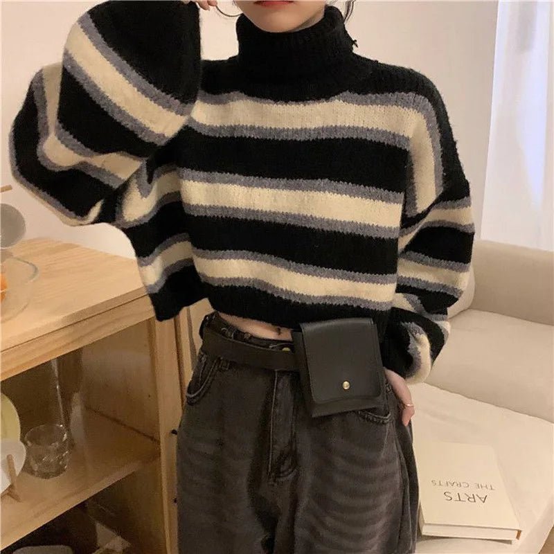 Spring Striped Turtleneck Crop Sweater -