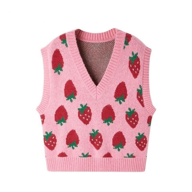 Strawberry Print Sweater Vest - Sweaters