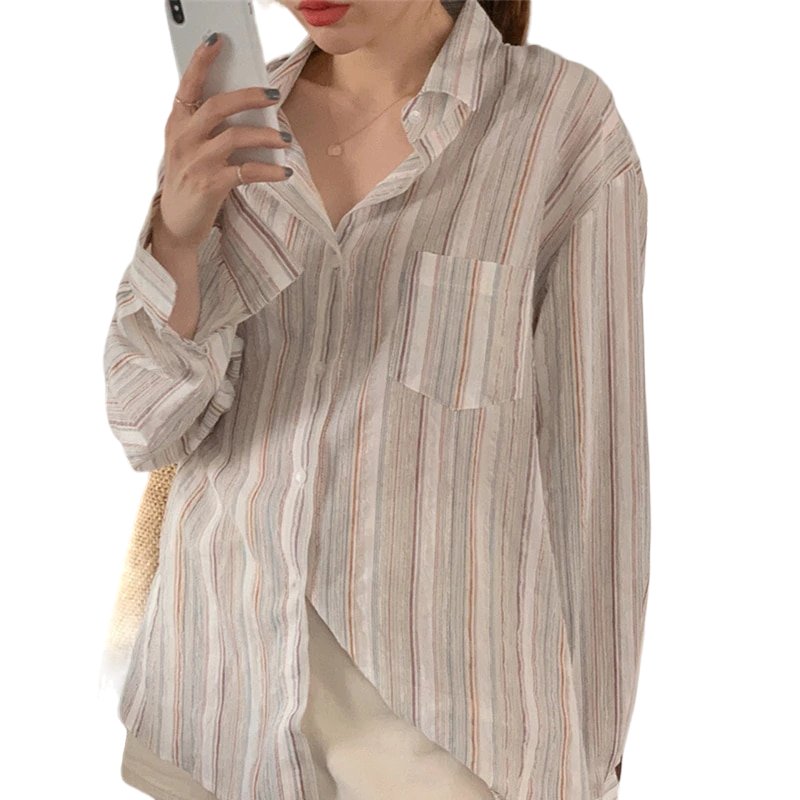 Striped Long Sleeve Casual Blouse - Blouses