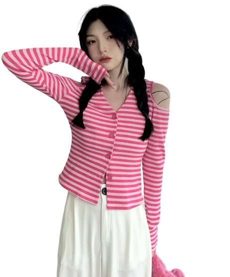 Striped Off-Shoulder Knitwear Cardigan - Cardigans