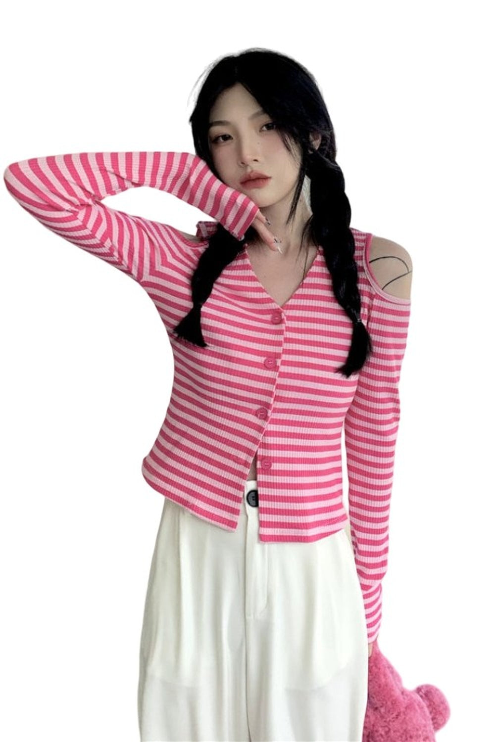 Striped Off-Shoulder Knitwear Cardigan - Cardigans