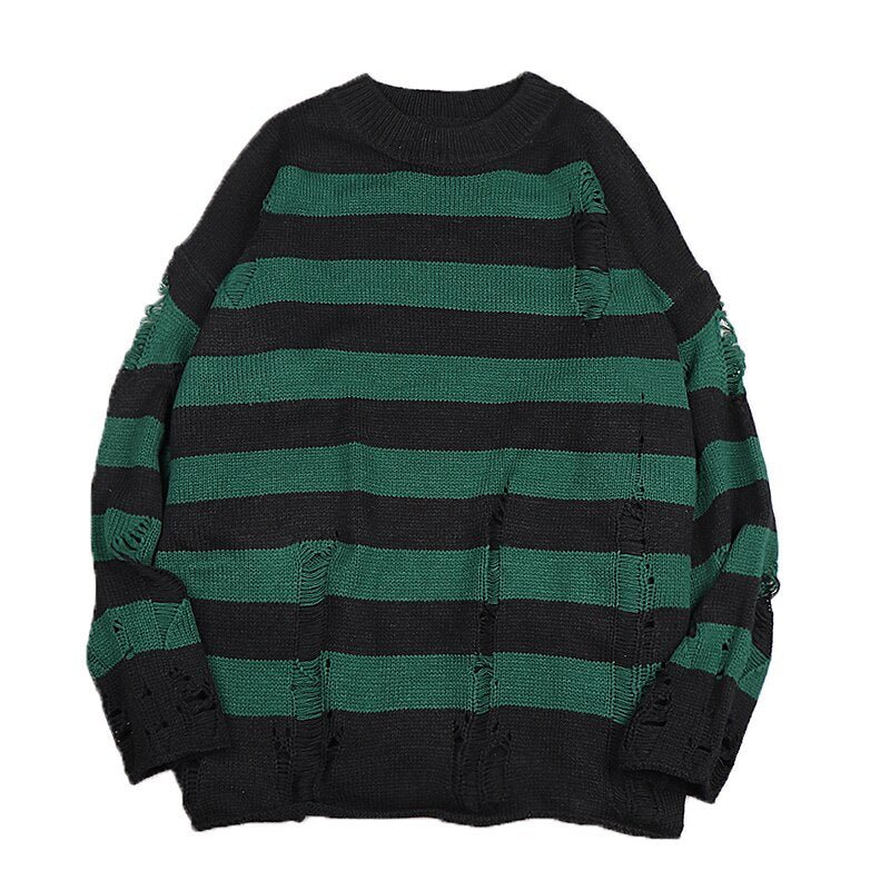 Striped Ripped Sweater - Sweaters