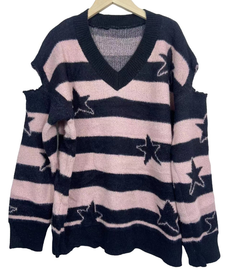 Striped Star Knit Pullover - Sweatshirts
