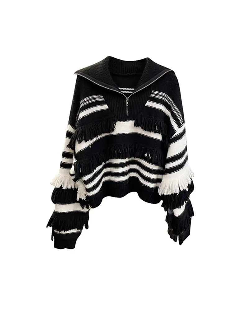 Striped Tassel Knit Pullover -