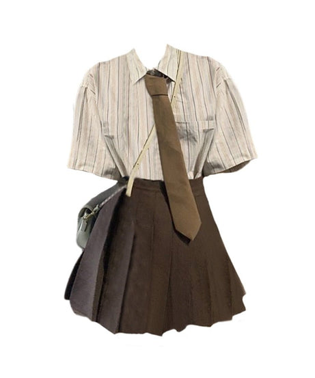 Striped Tie Lapel Shirt + A-Line Mini Skirt - Skirts