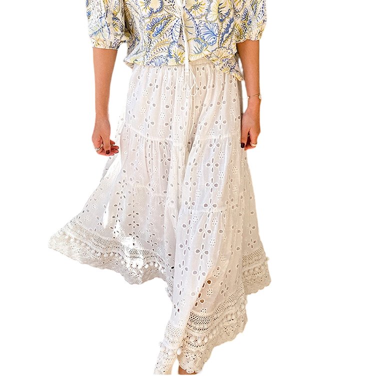 Summer White Floral Embroidery Long Skirt - Skirts