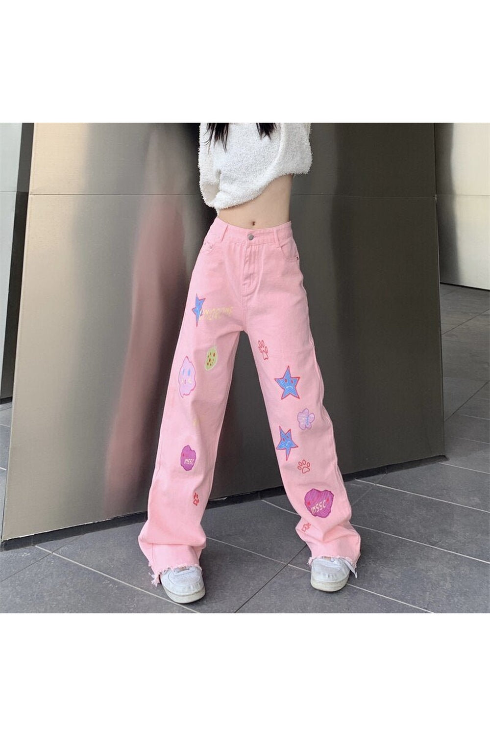 Fall Sweet Embroidery Y2K Jeans Pink Shoptery