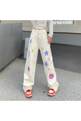 Fall Sweet Embroidery Y2K Jeans Creamy-white Shoptery