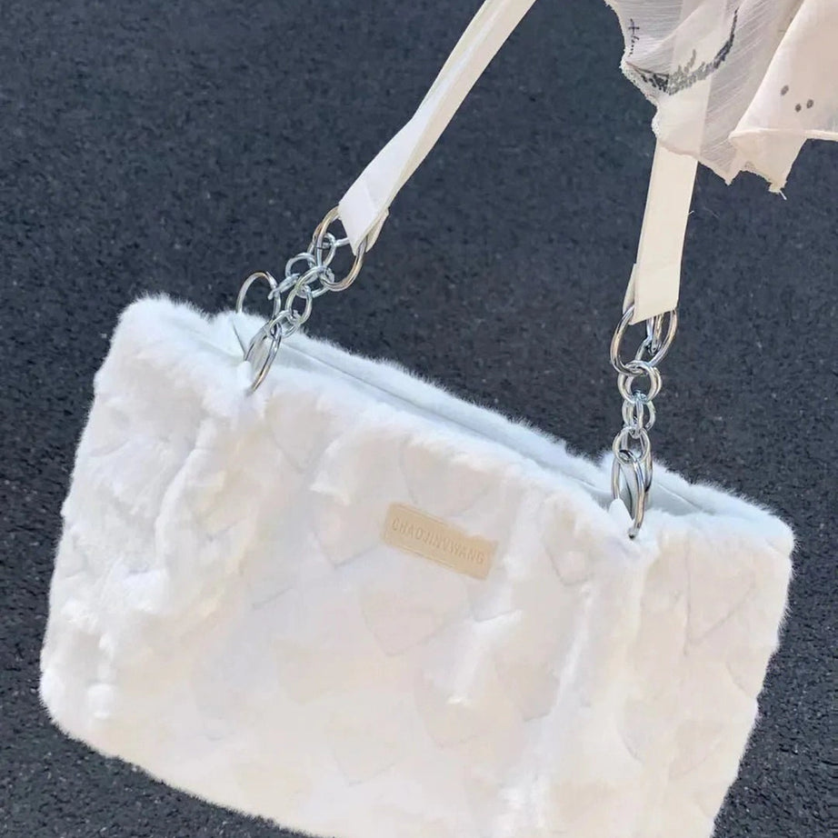 Coquette Sweet Heart Furry Tote Bag WHITE Shoptery