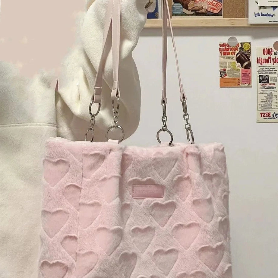 Coquette Sweet Heart Furry Tote Bag Shoptery