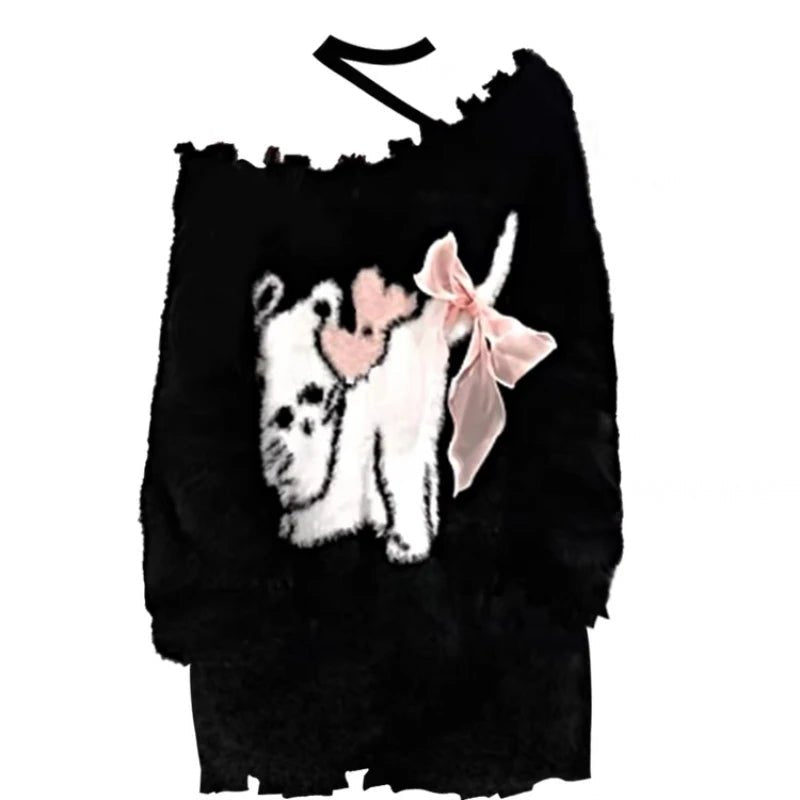 Sweet Y2K Oversized Black Sweater -