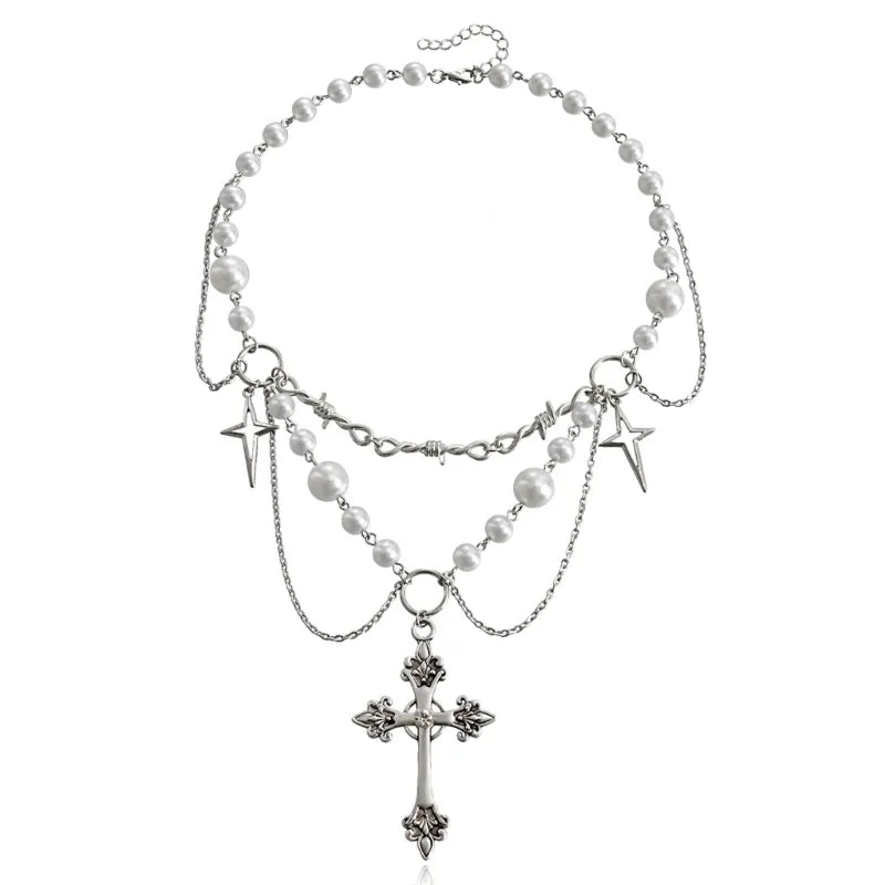 Victorian Gothic Rosary Pearl Necklace -
