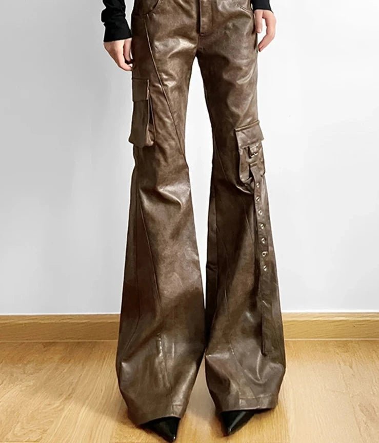 Vintage Brown PU Cargo Pants -