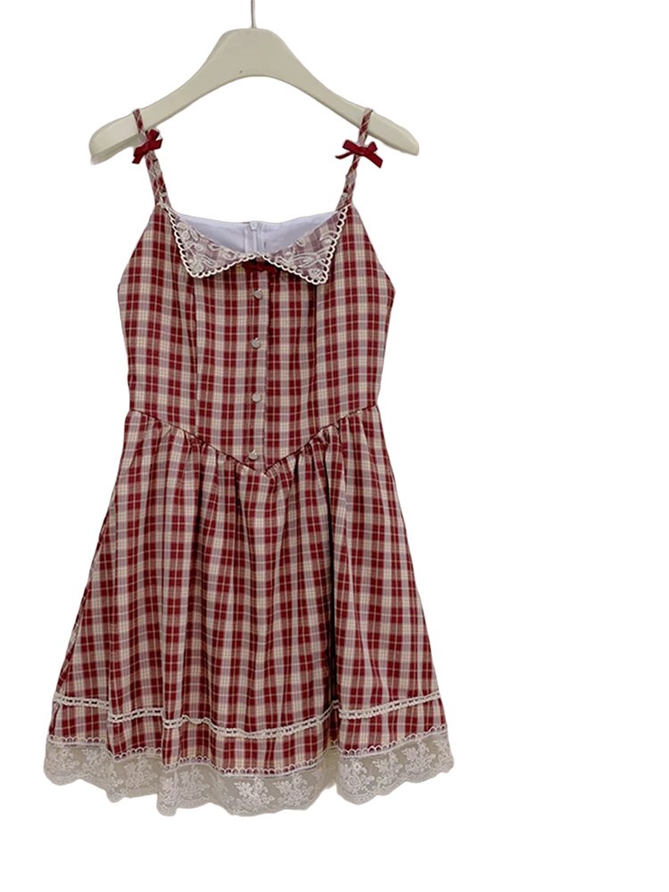 Vintage Plaid Lace Mini Dress -