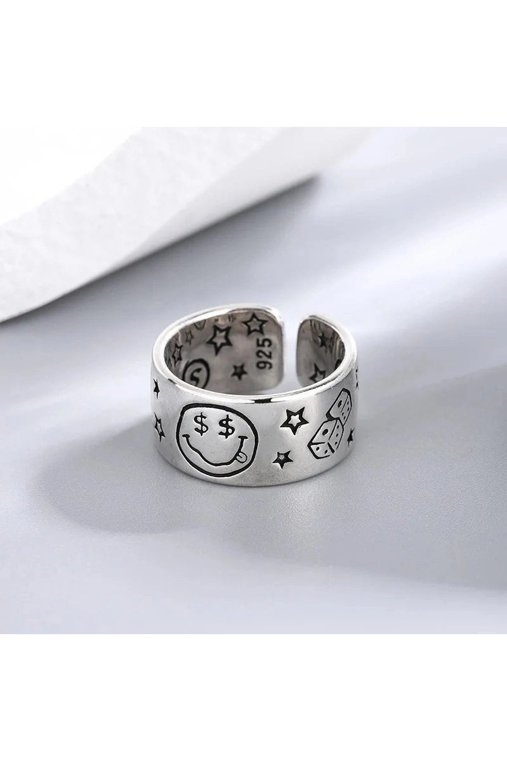 Retro Poker Dice Smile Ring Silver Face Resizable Shoptery