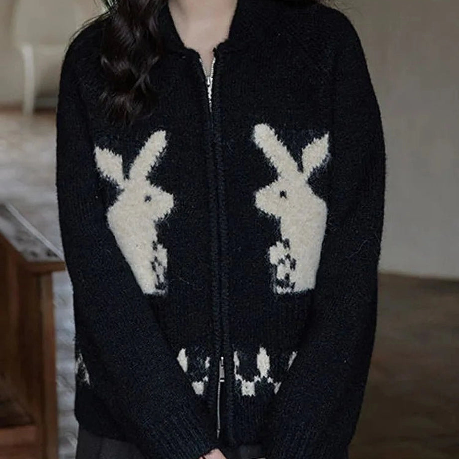 Kawaii Whimsical Bunny Motif Zip-Up Cardigan Shoptery
