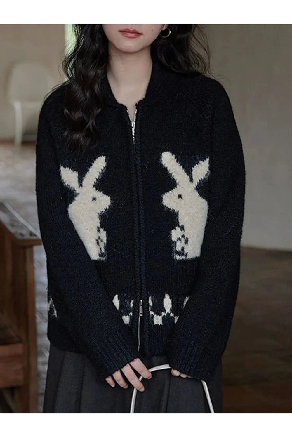 Kawaii Whimsical Bunny Motif Zip-Up Cardigan Shoptery