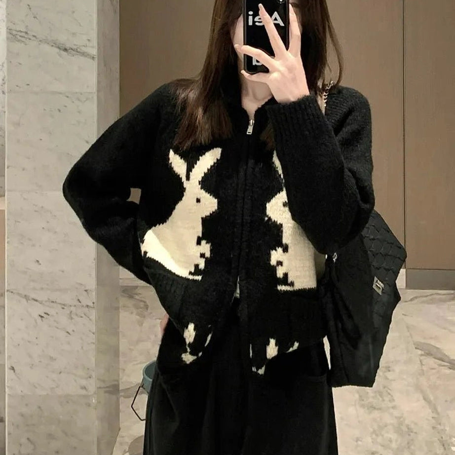 Kawaii Whimsical Bunny Motif Zip-Up Cardigan Shoptery