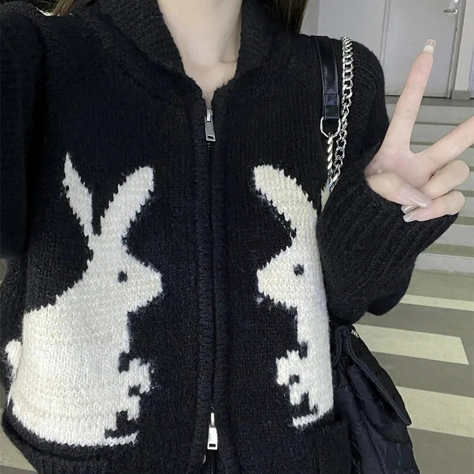 Kawaii Whimsical Bunny Motif Zip-Up Cardigan black Shoptery