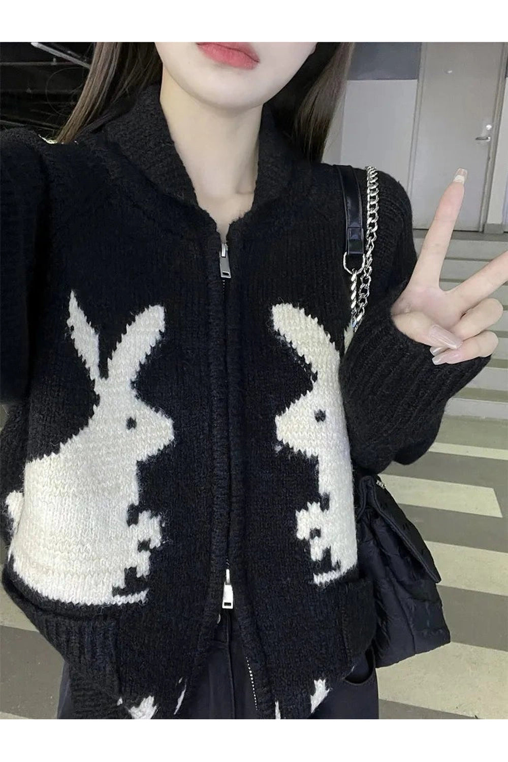Kawaii Whimsical Bunny Motif Zip-Up Cardigan black Shoptery