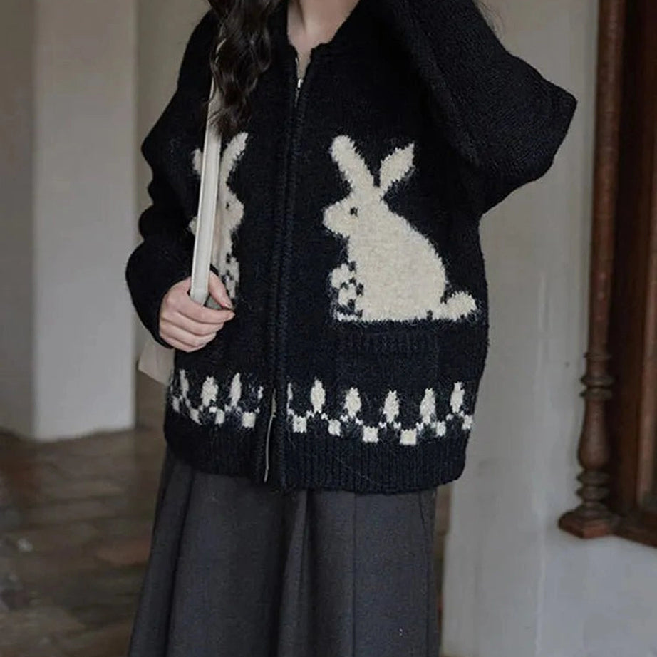 Kawaii Whimsical Bunny Motif Zip-Up Cardigan Shoptery