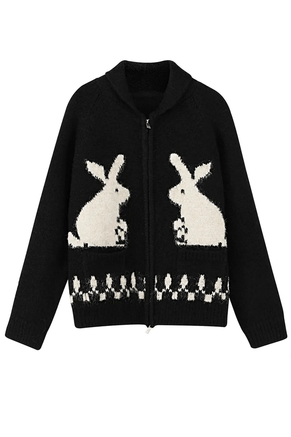 Whimsical Bunny Motif Zip-Up Cardigan -