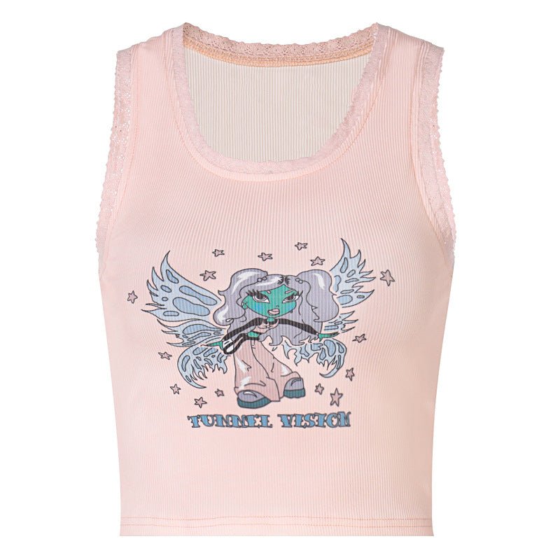 Y2K Cartoon Print Pink Crop Top - Crop Tops