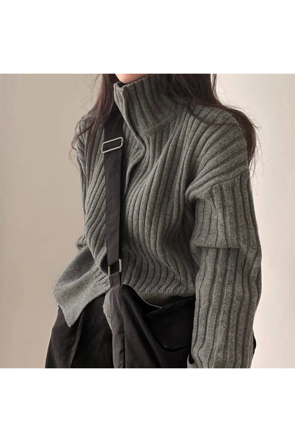 Y2k Gray Turtleneck Button Cardigan -